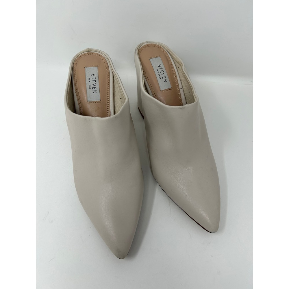 Steven New York Leanne Cream Leather Pointed Toe Block Heel Mules Womens 9.5 M